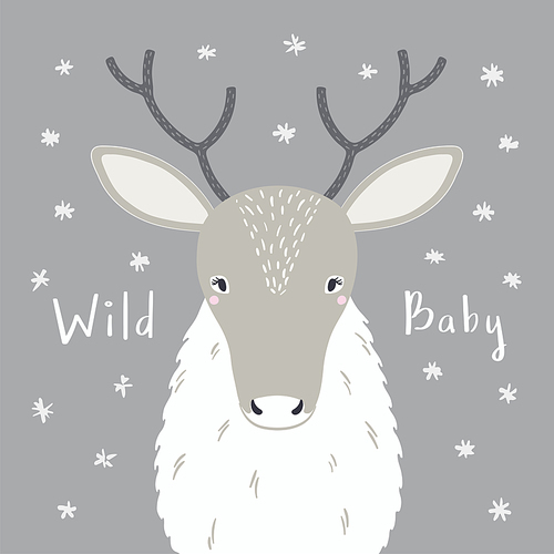 Cute cartoon reindeer portrait, quote Wild baby, snow. Hand drawn vector illustration. Winter animal character. Arctic wildlife. Design concept for kids fashion print, poster, baby shower, card.