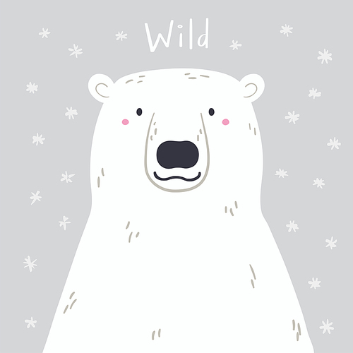 Cute cartoon polar bear portrait, quote Wild, snow. Hand drawn vector illustration. Winter animal character. Arctic wildlife. Design concept for kids fashion , poster, baby shower, card.