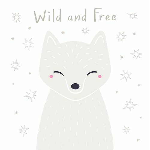 Cute cartoon arctic fox portrait, quote Wild and free, stars. Hand drawn vector illustration. Winter animal character. Arctic wildlife. Design concept for kids fashion , poster, baby shower, card