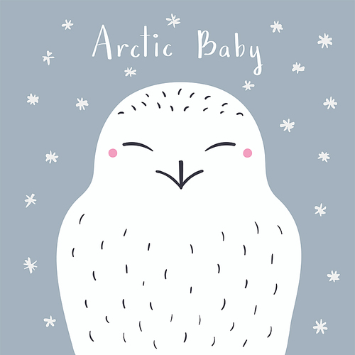 Cute cartoon snowy owl portrait, quote Arctic baby, snow. Hand drawn vector illustration. Winter animal character. Arctic wildlife. Design concept for kids fashion print, poster, baby shower, card.