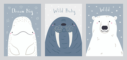 Cute cartoon animals portraits set, beluga whale, walrus, polar bear. Hand drawn vector illustration. Winter characters. Arctic wildlife. Design concept kids fashion , poster, baby shower, card.