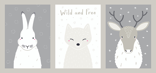 Cute cartoon animals portraits set, arctic hare, fox, reindeer. Hand drawn vector illustration. Winter wildlife characters. Design concept for kids fashion , poster, baby shower, card.