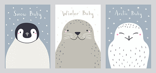 Cute cartoon animals portraits set, penguin, seal, snowy owl. Hand drawn vector illustration. Winter characters. Arctic, Antarctic wildlife. Design concept for kids , poster, baby shower, card.