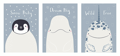 Cute cartoon animals portraits set, beluga whale, penguin, narwhal. Hand drawn vector illustration. Winter characters. Arctic, Antarctic wildlife. Design concept kids print, poster, baby shower, card.