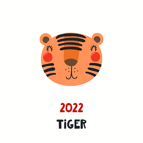 Cute cartoon tiger face, Asian zodiac sign, astrological symbol, isolated on white. Hand drawn vector illustration. Flat style design. 2022 Chinese New Year card, banner, poster, horoscope element.