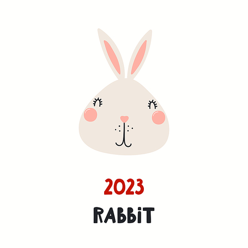 Cute cartoon rabbit face, Asian zodiac sign, astrological symbol, isolated on white. Hand drawn vector illustration. Flat style design. 2023 Chinese New Year card, banner, poster, horoscope element.