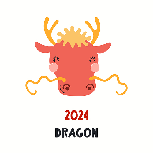 Cute cartoon dragon face, Asian zodiac sign, astrological symbol, isolated on white. Hand drawn vector illustration. Flat style design. 2024 Chinese New Year card, banner, poster, horoscope element.