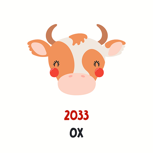 Cute cartoon ox face, Asian zodiac sign, astrological symbol, isolated on white. Hand drawn vector illustration. Flat style design. 2033 Chinese New Year card, banner, poster, horoscope element.