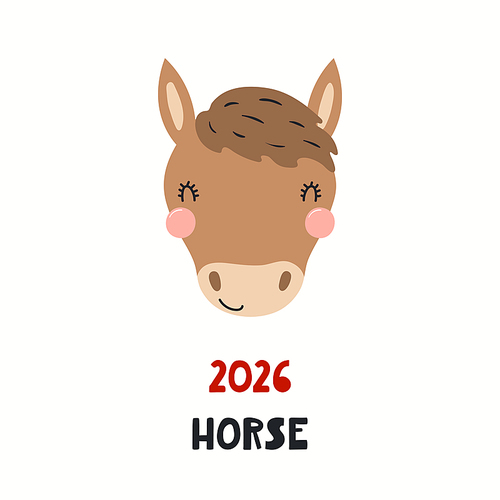 Cute cartoon horse face, Asian zodiac sign, astrological symbol, isolated on white. Hand drawn vector illustration. Flat style design. 2026 Chinese New Year card, banner, poster, horoscope element.