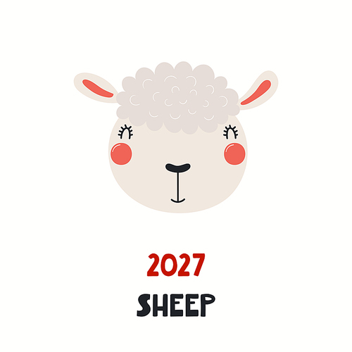 Cute cartoon sheep face, Asian zodiac sign, astrological symbol, isolated on white. Hand drawn vector illustration. Flat style design. 2027 Chinese New Year card, banner, poster, horoscope element.