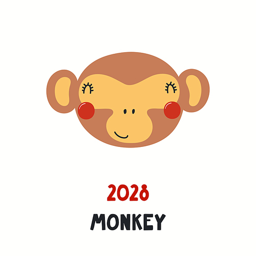 Cute cartoon monkey face, Asian zodiac sign, astrological symbol, isolated on white. Hand drawn vector illustration. Flat style design. 2028 Chinese New Year card, banner, poster, horoscope element.