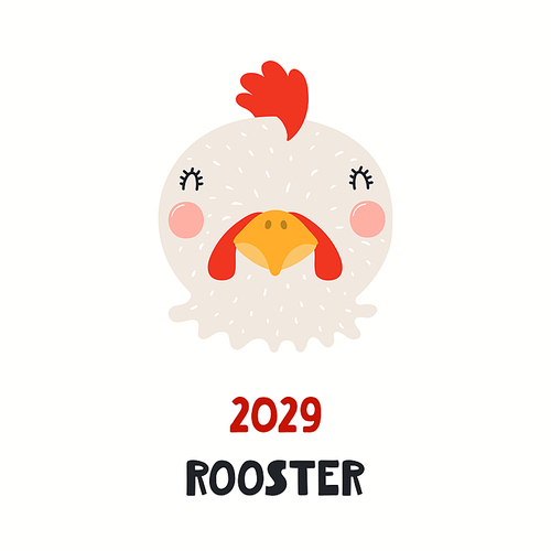 Cute cartoon rooster face, Asian zodiac sign, astrological symbol, isolated on white. Hand drawn vector illustration. Flat style design. 2029 Chinese New Year card, banner, poster, horoscope element.