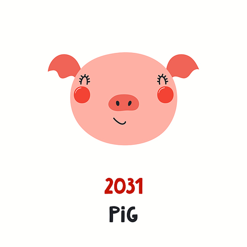 Cute cartoon pig face, Asian zodiac sign, astrological symbol, isolated on white. Hand drawn vector illustration. Flat style design. 2031 Chinese New Year card, banner, poster, horoscope element.