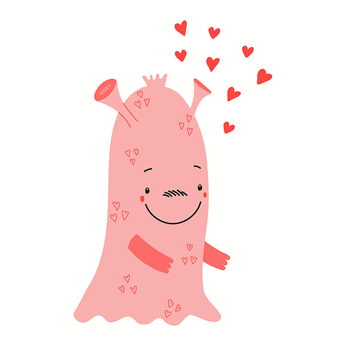 Cute funny pink monster, hearts, isolated on white. Hand drawn vector illustration. Flat style design. Concept for kids Valentines day card, holiday print, invite, gift tag, poster, banner.