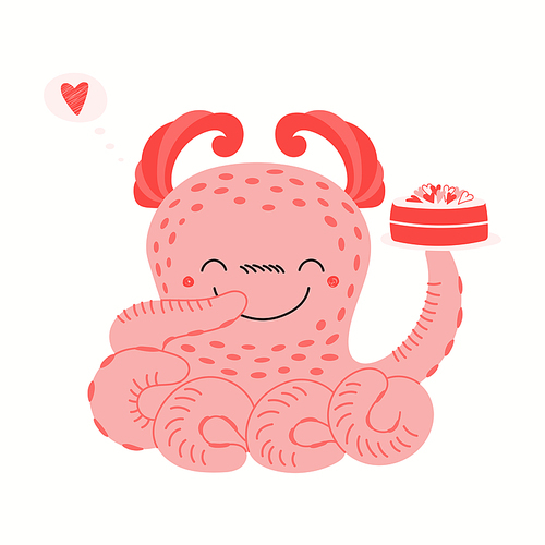 Cute pink monster holding a cake with hearts, isolated on white. Hand drawn vector illustration. Flat style design. Concept kids Valentines day card, holiday , invite, gift tag, poster, banner.