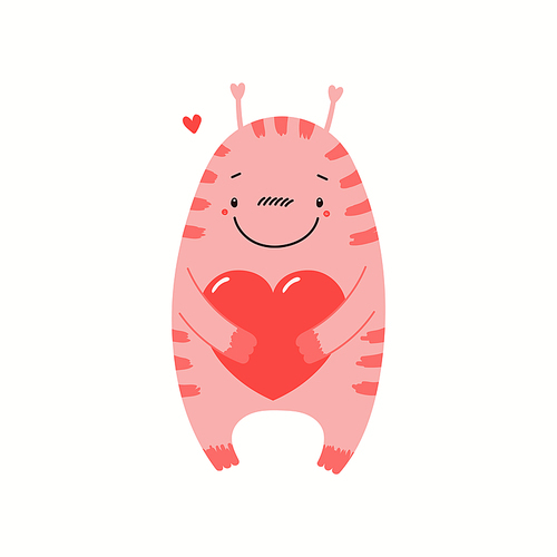 Cute pink monster holding a big heart, isolated on white. Hand drawn vector illustration. Flat style design. Concept for kids Valentines day card, holiday print, invite, gift tag, poster, banner.