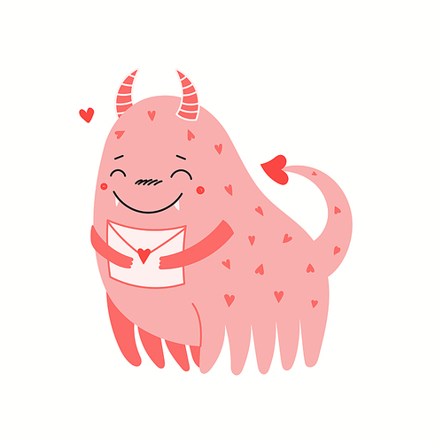 Cute pink monster holding a love letter, isolated on white. Hand drawn vector illustration. Flat style design. Concept for kids Valentines day card, holiday , invite, gift tag, poster, banner.