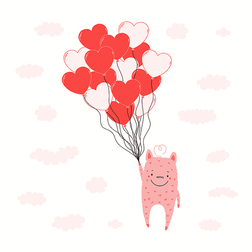 Cute pink monster flying on balloons, isolated on white. Hand drawn vector illustration. Flat style design. Concept for kids Valentines day card, holiday , invite, gift tag, poster, banner.