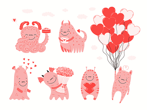 Collection of cute pink monster, hearts, isolated on white. Hand drawn vector illustration. Flat style design. Concept for kids Valentines day card, holiday , invite, gift tag, poster, banner.