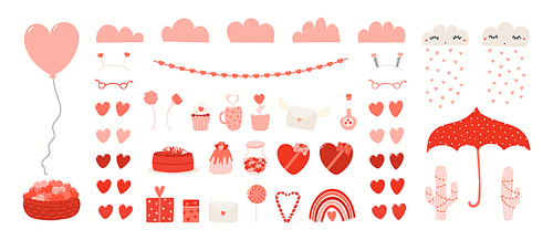 Cute Valentines day clipart collection, hearts, cake, clouds, candy, isolated on white. Hand drawn vector illustration. Flat style design. Elements kids Valentines day card, holiday print, gift tag