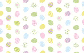 Hand drawn seamless vector pattern with cartoon painted eggs, on a white background. Scandinavian style flat design. Concept for Easter day kids textile print, wallpaper, wrapping paper, packaging.