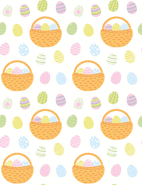 Hand drawn seamless vector pattern with cartoon painted eggs, baskets, on a white background. Scandinavian style flat design. Concept for Easter kids , wallpaper, wrapping paper, packaging.