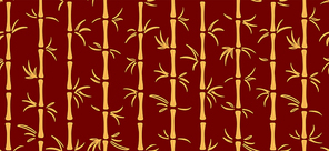 Hand drawn seamless pattern with gold bamboo on red background in oriental style. Concept for Chinese New Year holiday banner, print, packaging, wrapping paper. Flat style design. Vector illustration.