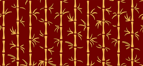 Hand drawn seamless pattern with gold bamboo on red background in oriental style. Concept for Chinese New Year holiday banner, print, packaging, wrapping paper. Flat style design. Vector illustration.