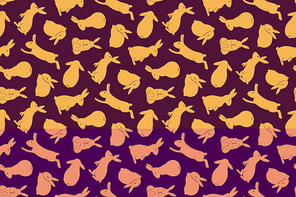Hand drawn seamless vector pattern with bunny rabbits, gold on purple background. Design concept for Easter , packaging, wrapping paper, card, banner, invite. Flat style illustration.