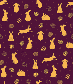 Hand drawn seamless vector pattern with rabbits, painted eggs, gold on purple background. Design concept for Easter , packaging, wrapping paper, card, banner, invite. Flat style illustration.