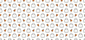 Seamless repeat pattern with cute ghosts, candy corn, white, orange, black. Vector illustration. Line art. Design concept for Halloween background, packaging, wallpaper, wrapping paper.