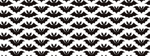 Seamless repeat pattern with flying bats, white and black. Vector illustration. Flat style design. Concept for Halloween background, packaging, wallpaper, wrapping paper.