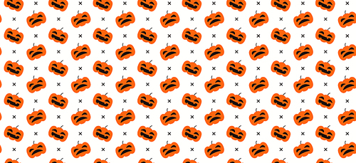 Seamless repeat pattern with cute pumpkin jack o lanterns, white, orange, black. Vector illustration. Flat style design. Concept for Halloween background, packaging, wallpaper, wrapping paper.
