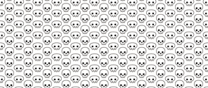 Seamless repeat pattern with human skulls, white and black. Vector illustration. Line art. Design concept for Halloween background, packaging, wallpaper, wrapping paper.
