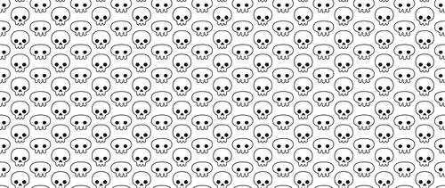 Seamless repeat pattern with human skulls, white and black. Vector illustration. Line art. Design concept for Halloween background, packaging, wallpaper, wrapping paper.