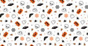 Seamless repeat pattern with pumpkins, ghosts, candy corn, bats, spider webs, skulls, white, orange, black. Vector illustration. Design concept for Halloween background, packaging wallpaper wrapping