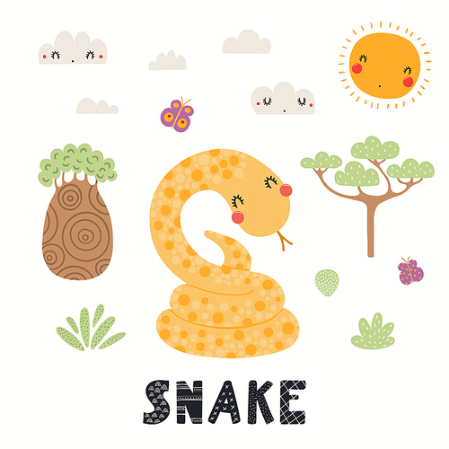 Cute funny snake, African, tropical landscape, isolated on white. Hand drawn wild animal vector illustration. Scandinavian style flat design. Concept for kids fashion, textile , poster, card