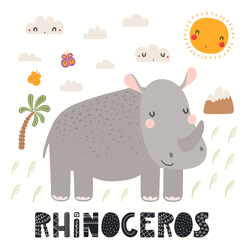 Cute funny rhinoceros, African savanna landscape, isolated on white. Hand drawn wild animal vector illustration. Scandinavian style flat design. Concept for kids fashion, textile , poster, card