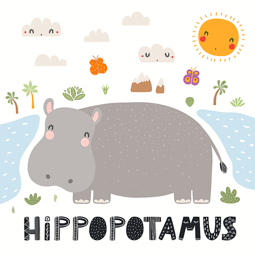 Cute funny hippopotamus, African riverside landscape, isolated on white. Hand drawn wild animal vector illustration. Scandinavian style flat design. Concept kids fashion, textile print, poster, card