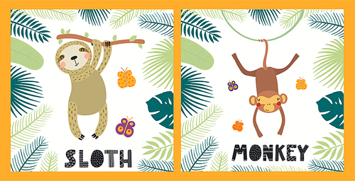 Cute funny animals, sloth, monkey, tropical landscape. Posters, cards collection. Hand drawn wild animal vector illustration. Scandinavian style flat design. Concept for kids fashion, textile .