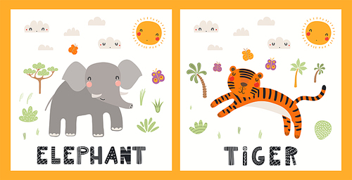 Cute funny animals, elephant, tiger, tropical landscape. Posters, cards collection. Hand drawn wild animal vector illustration. Scandinavian style flat design. Concept for kids fashion, textile .