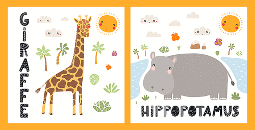 Cute funny animals, giraffe, hippo, tropical landscape. Posters, cards collection. Hand drawn wild animal vector illustration. Scandinavian style flat design. Concept for kids fashion, textile .