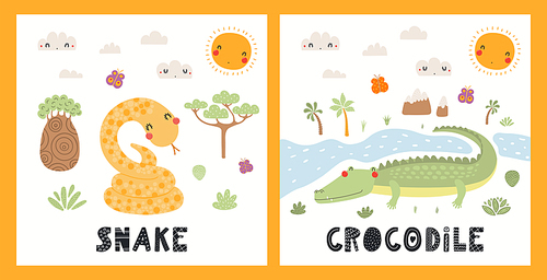 Cute funny animals, snake, crocodile, tropical landscape. Posters, cards collection. Hand drawn wild animal vector illustration. Scandinavian style flat design. Concept for kids fashion, textile