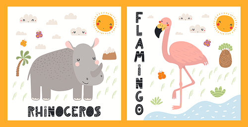 Cute funny animals, rhino, flamingo, tropical landscape. Posters, cards collection. Hand drawn wild animal vector illustration. Scandinavian style flat design. Concept for kids fashion, textile .