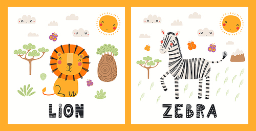 Cute funny animals, lion, zebra, tropical landscape. Posters, cards collection. Hand drawn wild animal vector illustration. Scandinavian style flat design. Concept for kids fashion, textile .