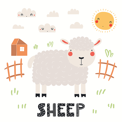 Cute funny sheep, grazing on pasture, isolated on white. Hand drawn farm animal vector illustration. Scandinavian style flat design. Concept for kids fashion, textile , poster, card, baby shower.