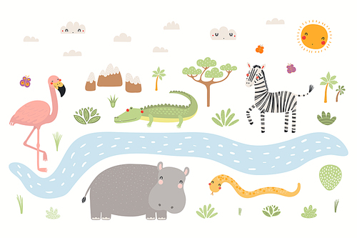 Cute tropical animals, flamingo, crocodile, zebra, hippo, snake, African landscape, isolated. Hand drawn vector illustration. Scandinavian style flat design. Concept kids fashion , poster card