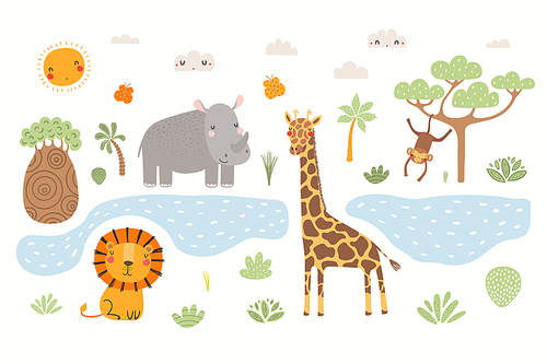 Cute tropical animals, lion, rhino, giraffe, monkey, African landscape, isolated. Hand drawn vector illustration. Scandinavian style flat design. Concept for kids fashion, textile , poster card