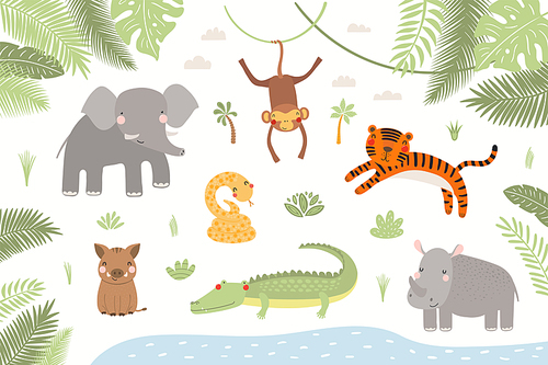 Cute tropical animals, tiger, crocodile, monkey, elephant, rhino, snake, boar, in the jungle. Hand drawn vector illustration. Scandinavian style flat design. Concept kids fashion print, poster card