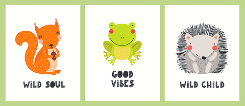 Cute funny woodland animals, squirrel, frog, hedgehog, quotes. Posters, cards collection. Hand drawn wildlife vector illustration. Scandinavian style flat design. Concept kids fashion, textile .